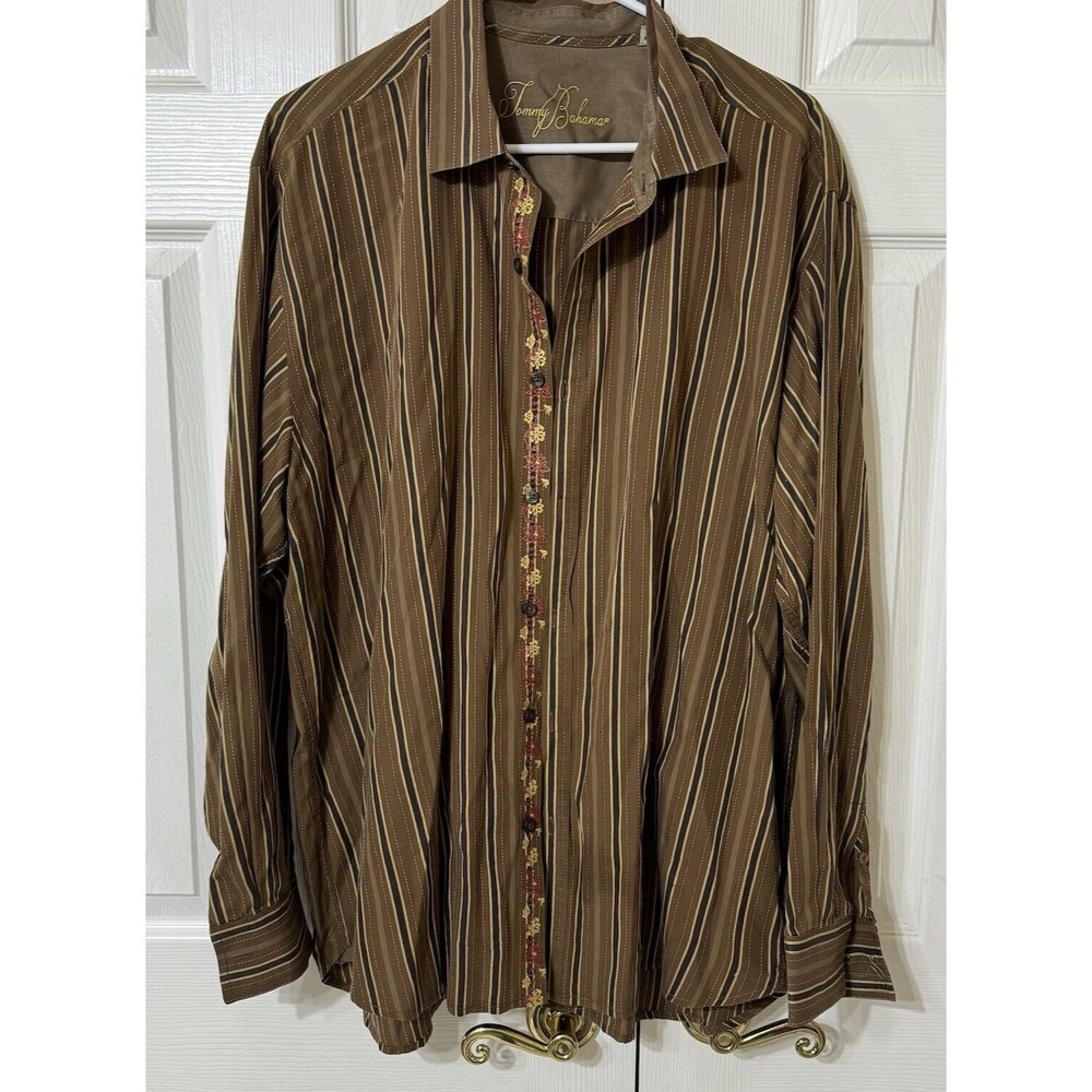 Tommy Bahama Mens Cotton Button Up‎ Shirt Brown w/ Stipes Floral Trim - Xl